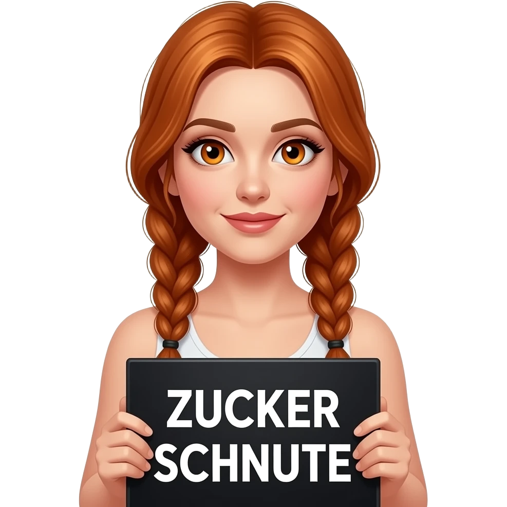 sexy girl with long ginger braids and ginger eyes wearing a white tanktop is holding a black sign with ZUCKER SCHNUTE written on it emoji