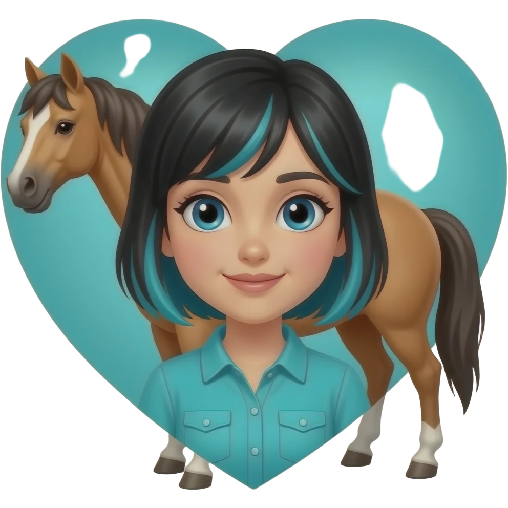 I would like an emoji with a palomino horse with and a girl with blue eyes and black and turquoise hair in turquoise shirt with an  turquoise heart in between them emoji