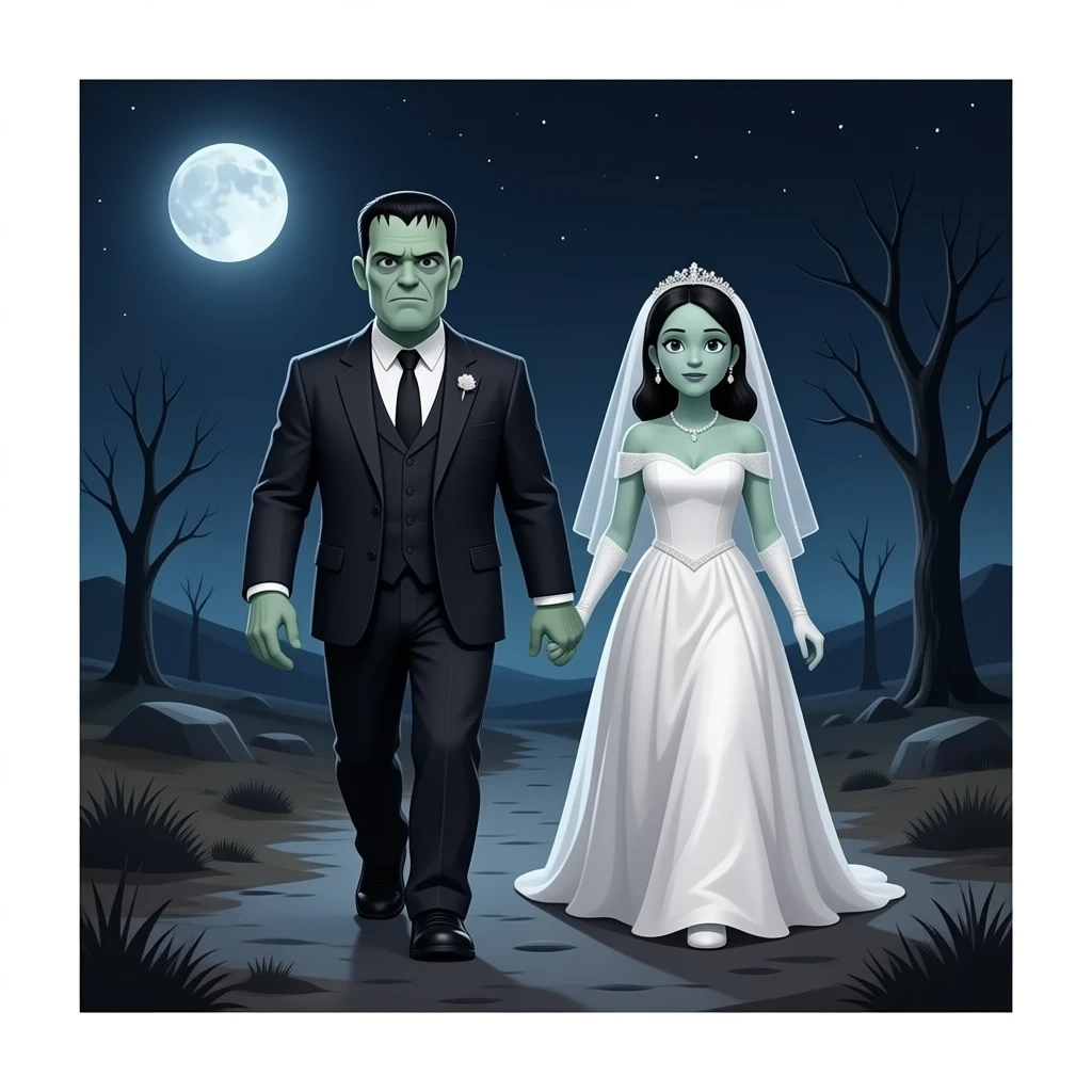cinematic realistic - Frankenstein Monster embraces his monstrous bride while walking through a desolate night landscape emoji