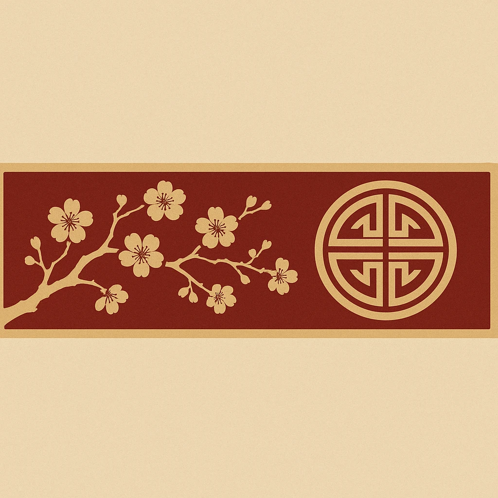 eastern style plaque for post signature, very wide and low long horizontal rectangle, only red and sand colors, with round gold ornament, sakura branch, no text, 900x180px emoji