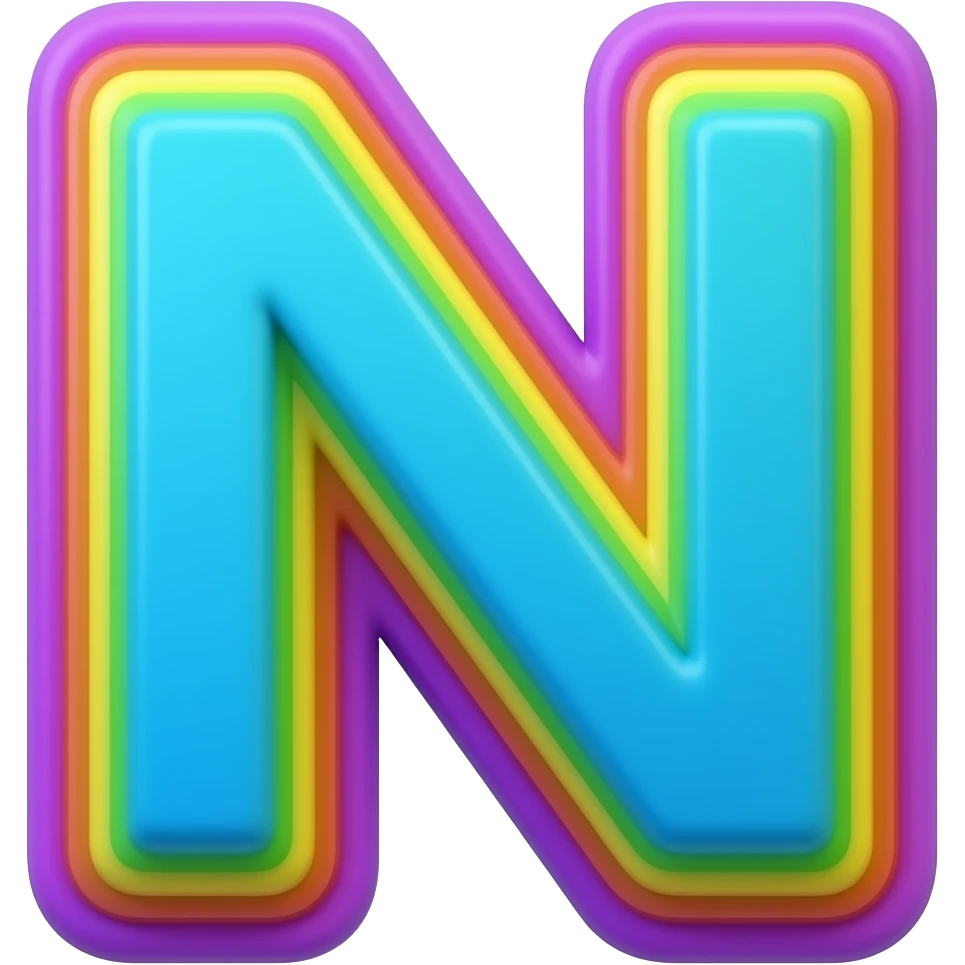 Letter "N" in purple bright blue lime green 3D style typography lettering, each color of the rainbow as a border outlined around each letter, isolated, 3d rendering, no emoji icons no emoji faces and must have no human figures emoji