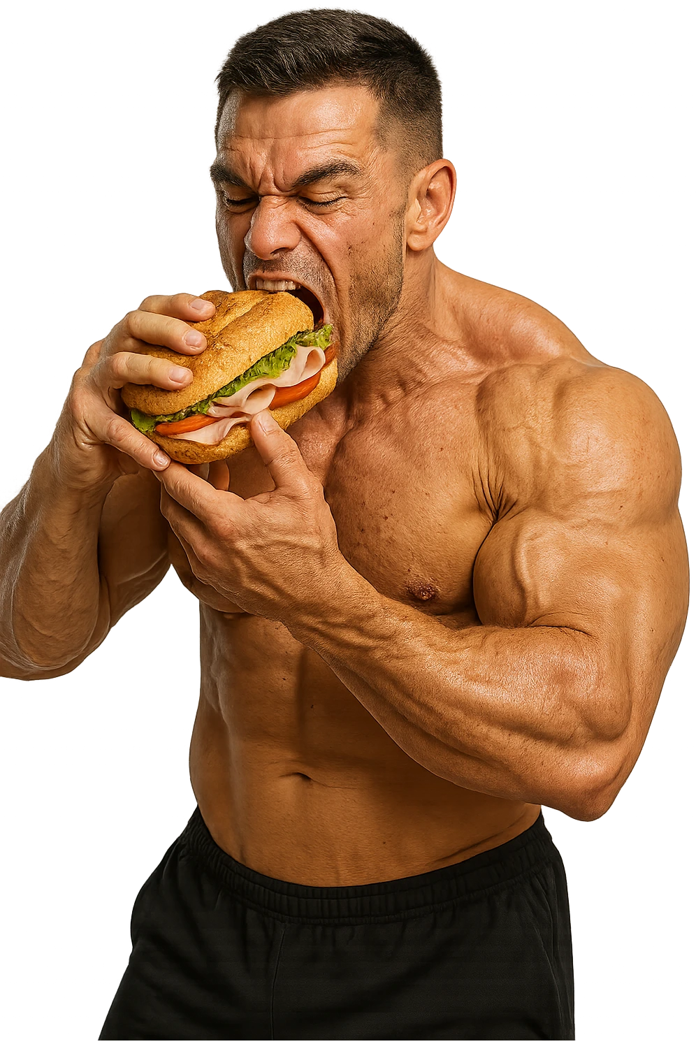 bodybuilder che mangia affamato un panino, iperrealistico 4k emoji