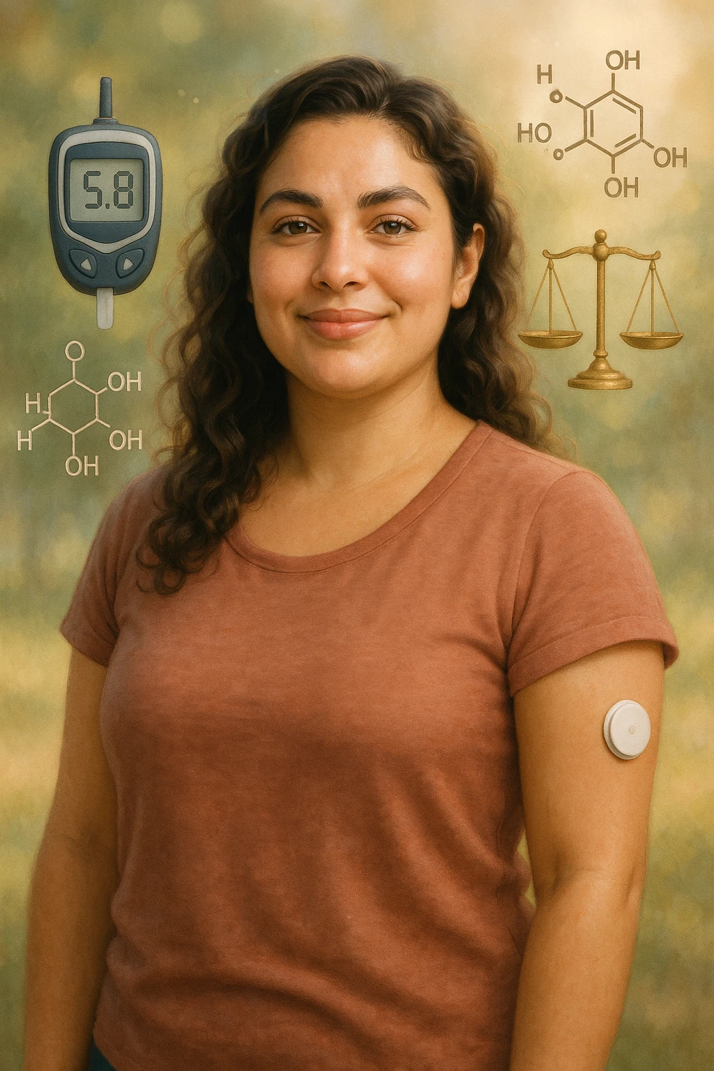 realistic cinematic illustration of a woman with PCOS showing signs of well-being and stable blood sugar thanks to healthy eating, symbols of blood sugar balance, positive atmosphere, vertical 2:3 aspect ratio, very few text emoji