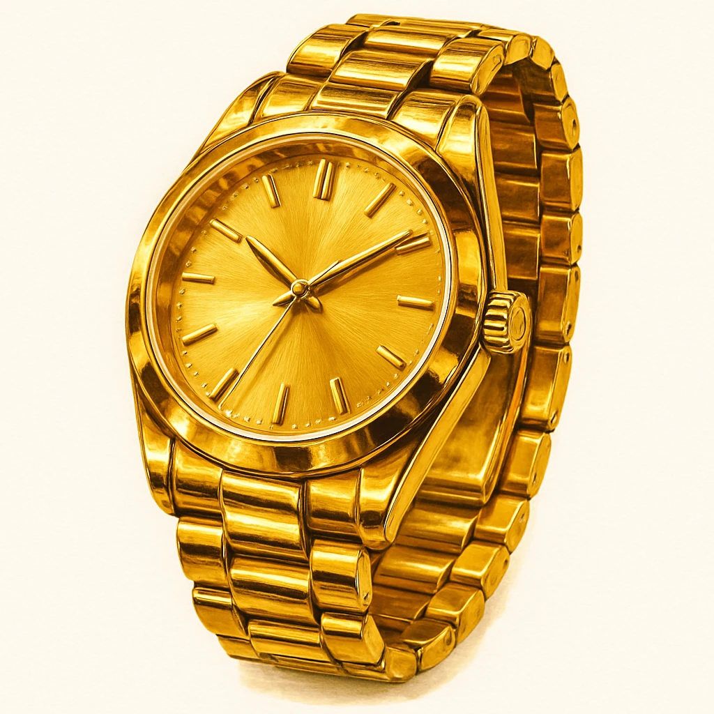 Сгенерируй мне часы ЗОЛОТЫЕ, дорогие, в чуть рисованном стиле. На чисто белом фоне. БЕЗ НАДПИСЕЙ. Но при этом объмная и яркая. Золото не должно быть пластмассовое, оно должно быть блестящие, хорошее emoji