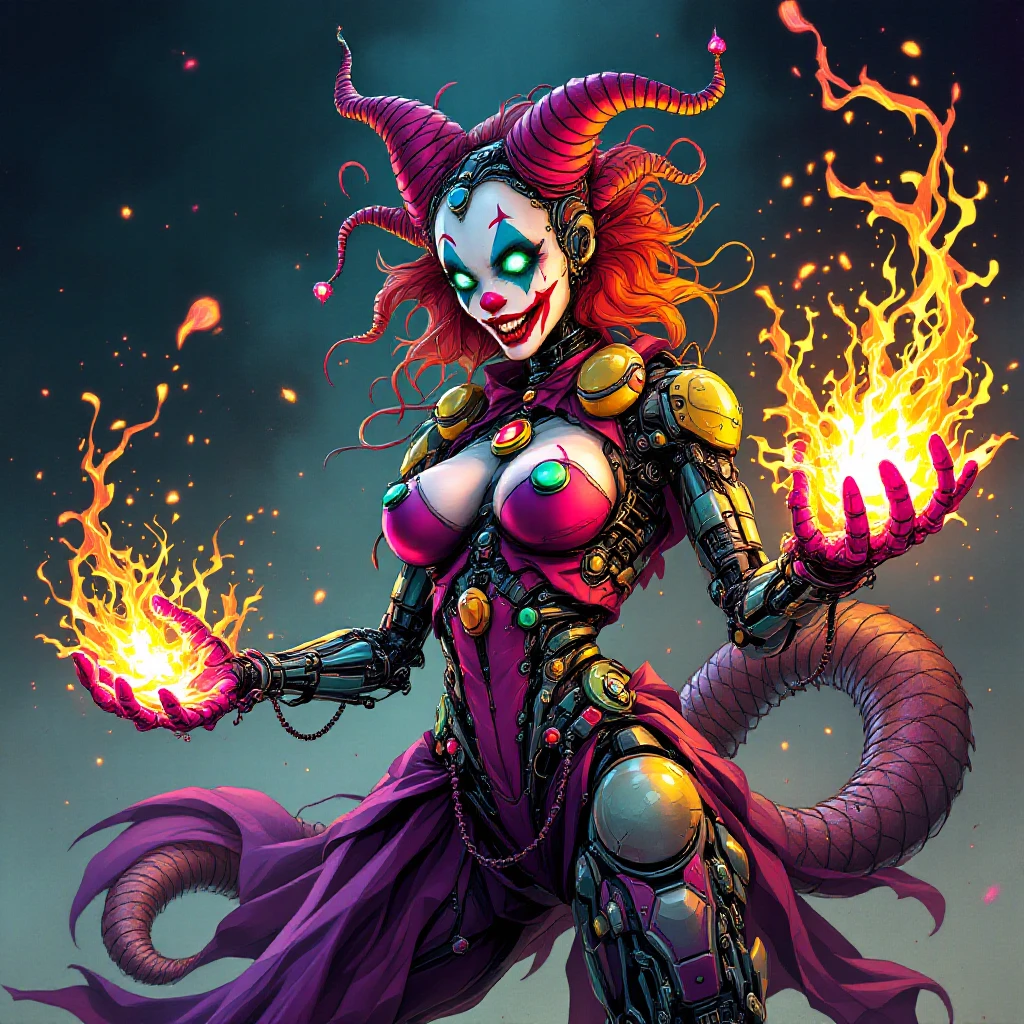 A cybernetic clown sorceress with robotic snake body and multiple arms, summoning magical energy, bold colors, dynamic composition, Flux Pro style. emoji