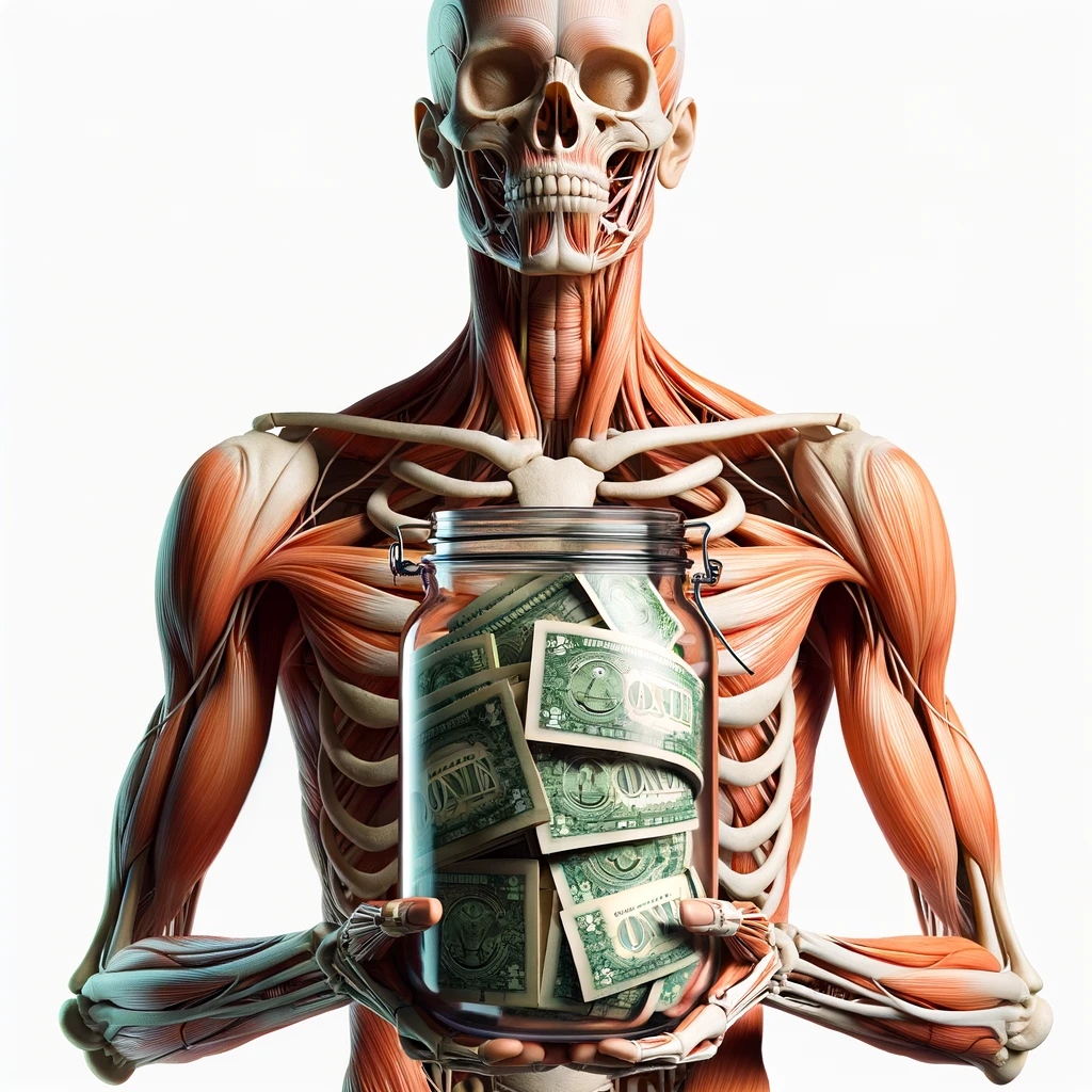 corpo umano anatomico che ha in mano un barattolo di vetro pienissimo di banconote, iperrealistica 4k, isolato su sfondo bianco emoji