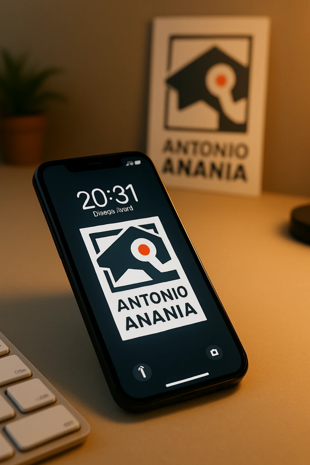 A photo of an iPhone with the message "Antonio Anania" on its screen, The phone sits atop a desk with a blurred background that suggests work environment. A faint glow from above casts gentle shadows across the surface of each object, creating depth and highlighting their textures emoji