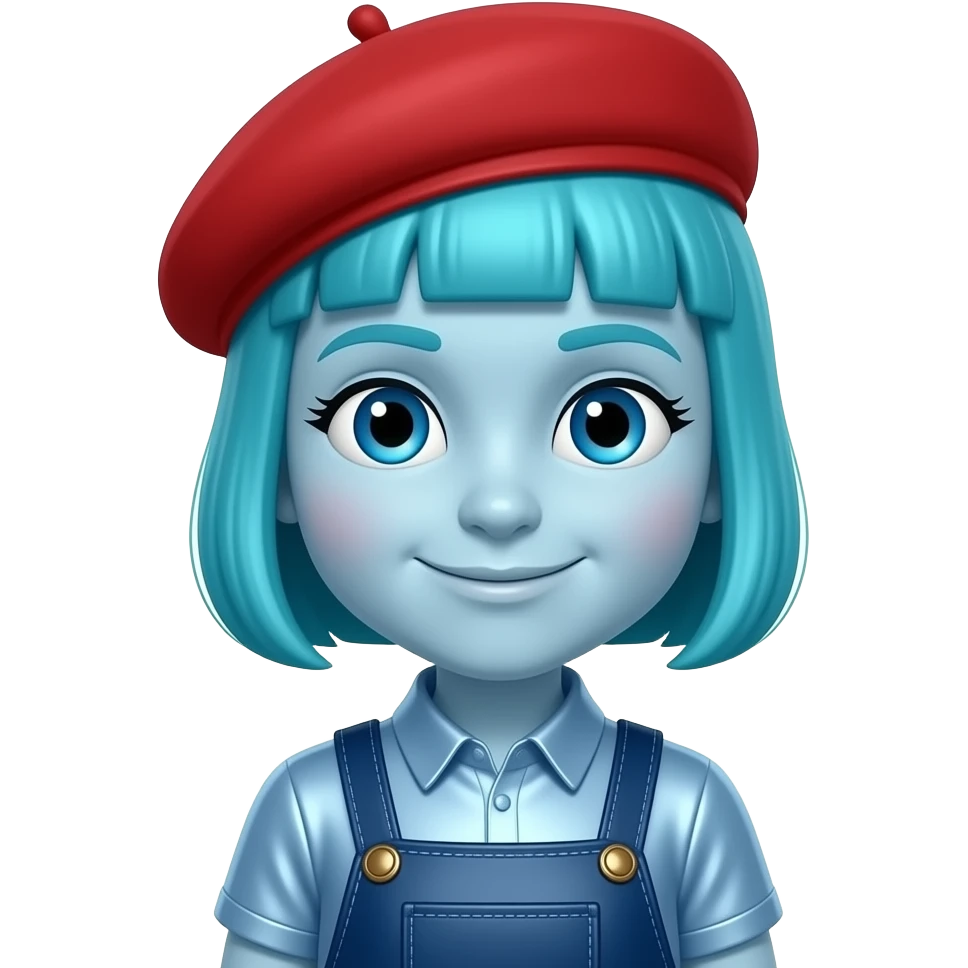 Rooney Doodle from The Doodlebops with light blue skin, blue eyes, azure puppy cut hair, red beret, light blue metallic shirt, dark blue metallic overalls emoji