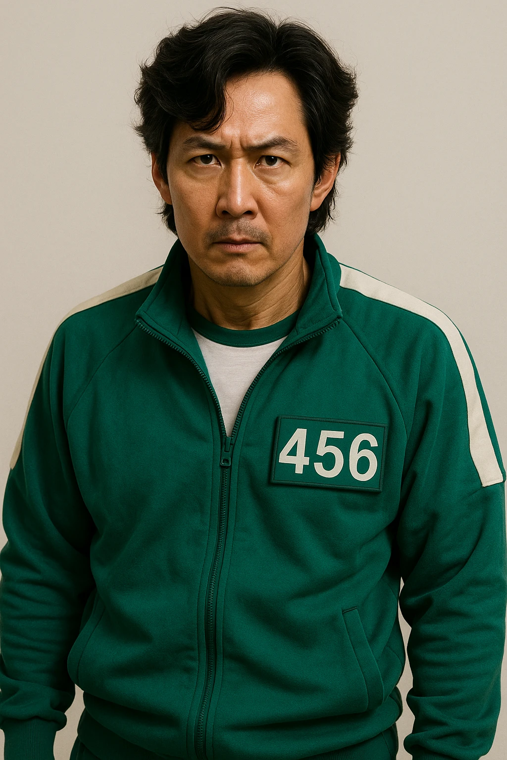 Seong Gi-hun as Player 456 from Squid Game 3, wearing the iconic green tracksuit, looking determined, plain background emoji