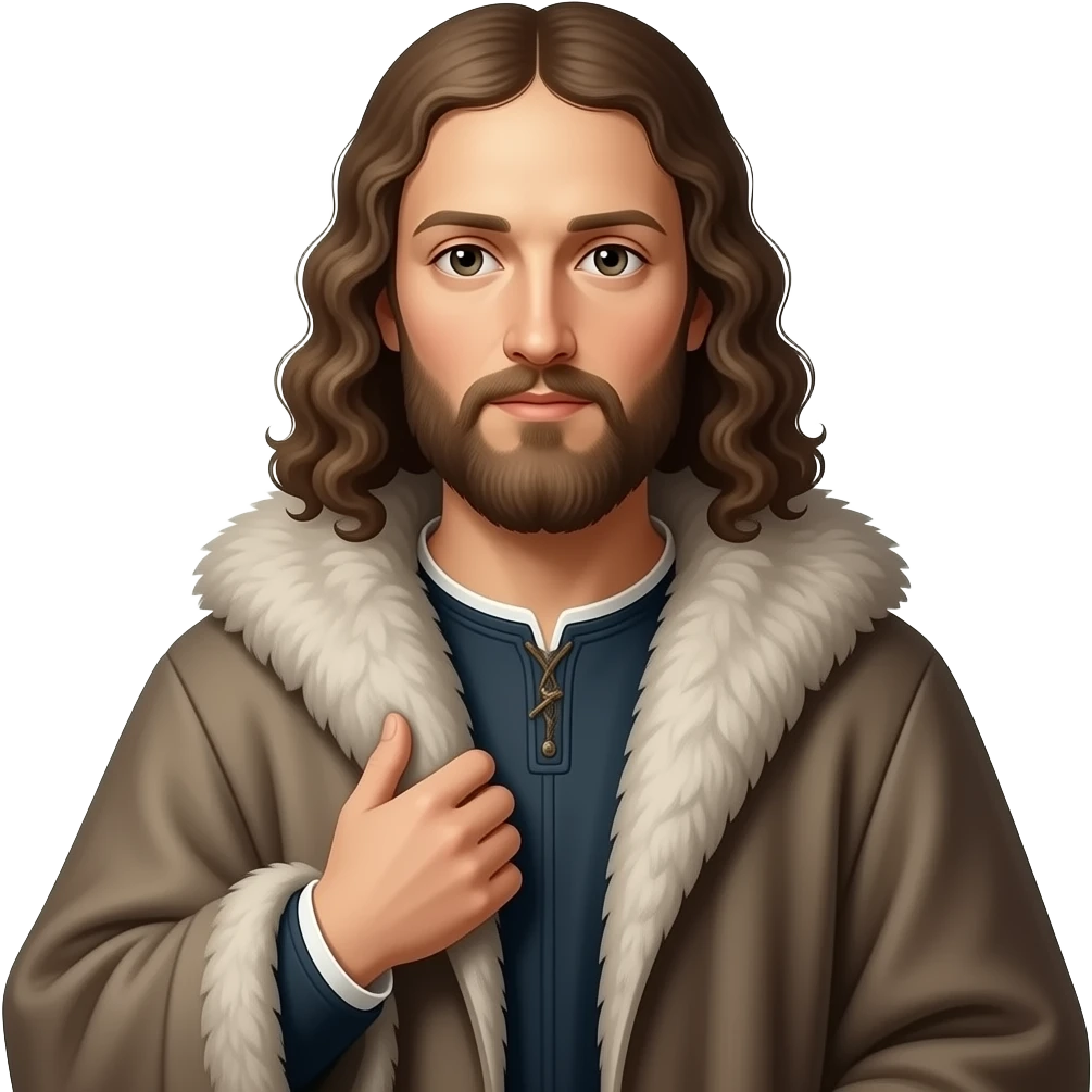 aesthetic divine lighting, oil paint - en face Albrecht Dürer Renaissance self-portrait with long curly hair in a cloak with a fur collar, in Renaissance dress, holding the fur collar with his left hand - contemporary representations of Christ emoji