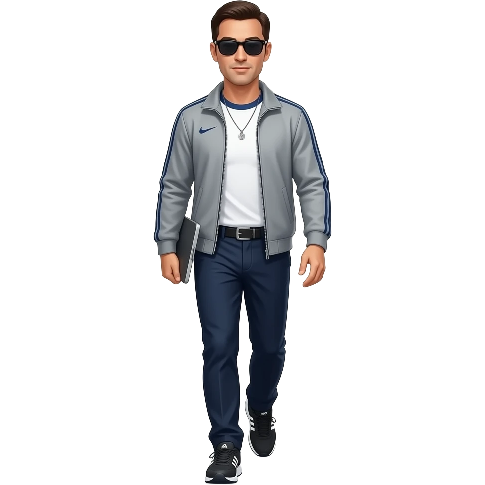 coach, white and blue raglan t shirt w/ coaches jacket old school grey with navy chinos adidas handball espezials on (black, white, gum sole) w/  microsoft surface and black wayfarers he should be walking like a coach on the sideline no necklace please and black belt emoji