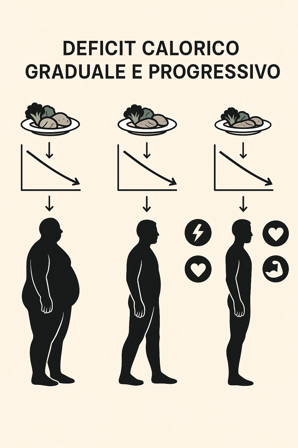 una sequenza di tre sagome umane affiancate, ognuna rappresenta una fase diversa di perdita di peso graduale. Sopra ogni figura, un piatto mostra porzioni di cibo bilanciate ma leggermente ridotte. Frecce e grafici illustrano una diminuzione lenta e costante dell’apporto calorico giornaliero, con icone che rappresentano energia, salute e mantenimento della massa muscolare. Sfondo pulito e moderno, con etichette chiare che spiegano “deficit calorico graduale e progressivo” in italiano emoji
