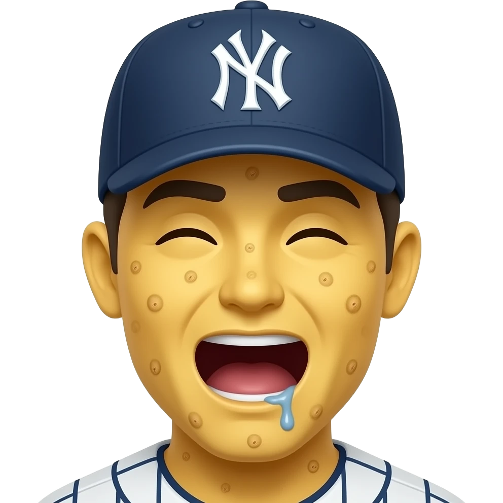Yellow 3d emoji, New York Yankees hat, drooling mouth open, covered in warts, closed drooping eyes emoji