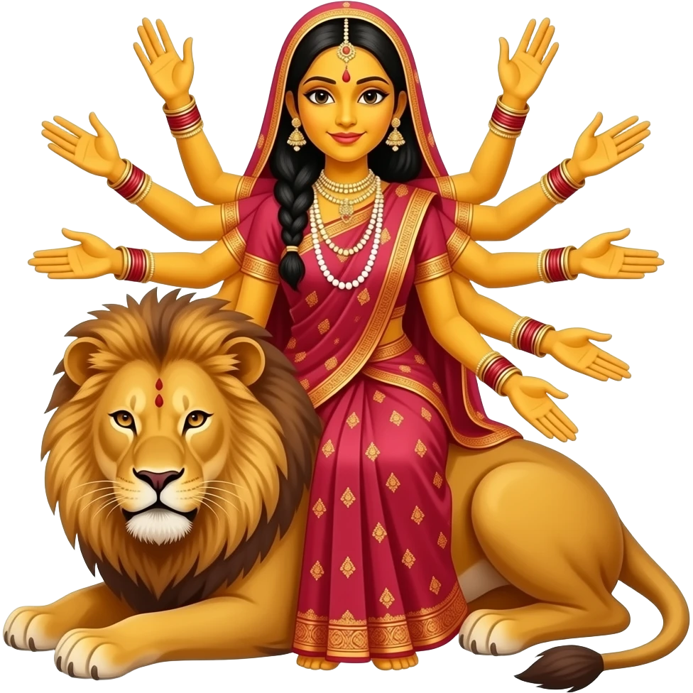 A bengali yellow skinned bride with exactly ten empty hands sitting on a lion emoji