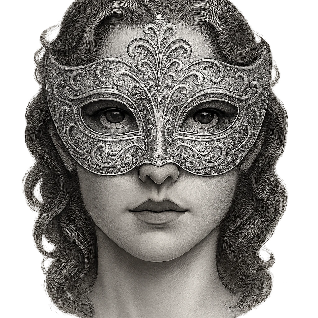 face with silver masquerade mask, digital illustration emoji