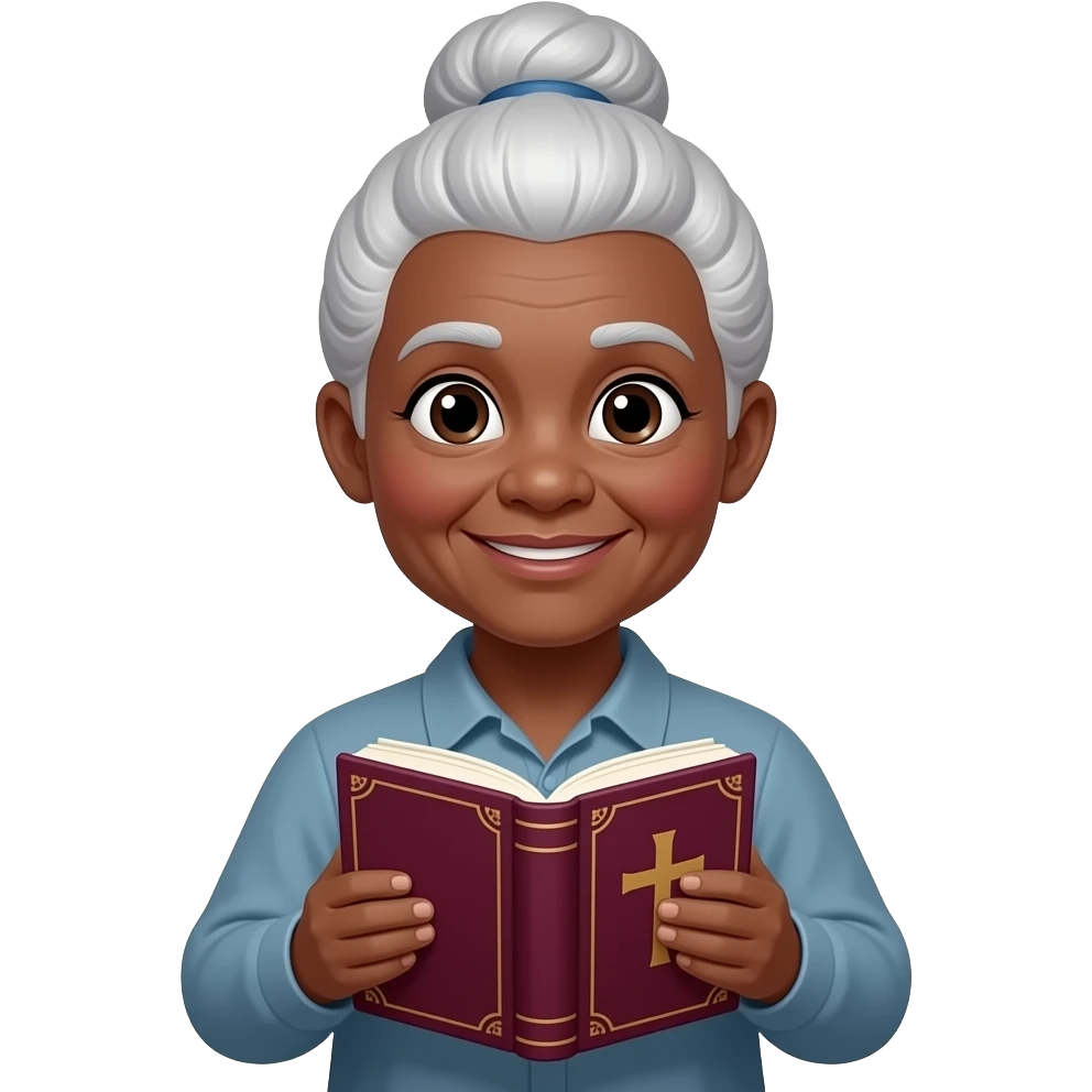 wise old woman with white hair in a bun black skin warm with burgundy book that has a cross on it emoji