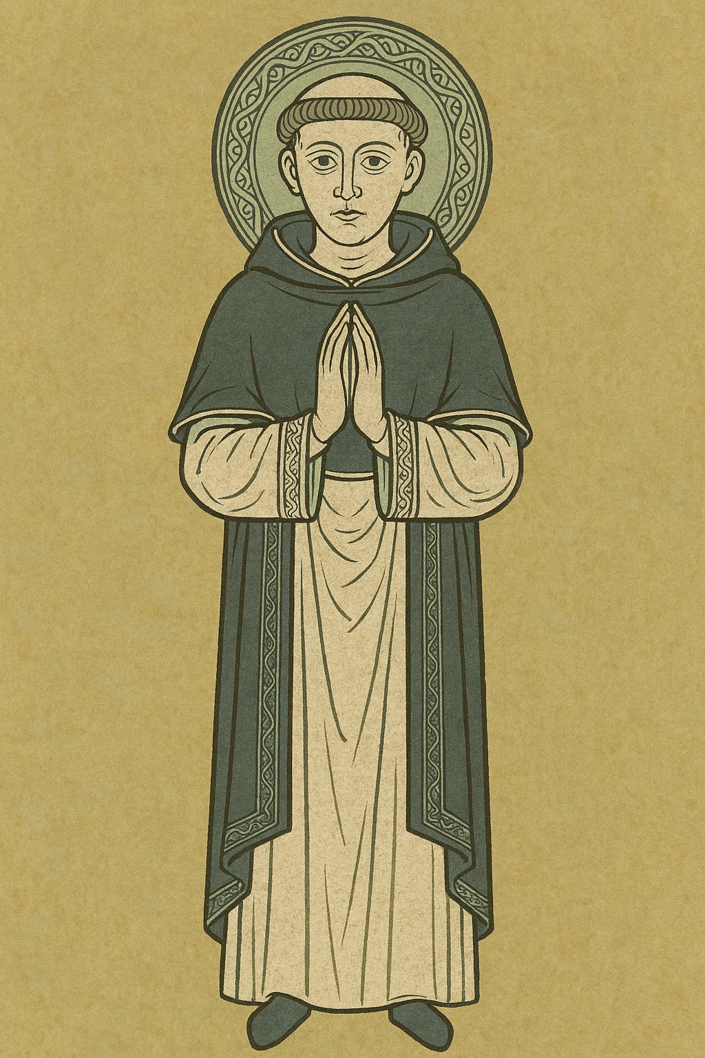 3rd Order Dominican monk praying with hands together, black and white habit, short hair, medieval manuscript illustration style emoji