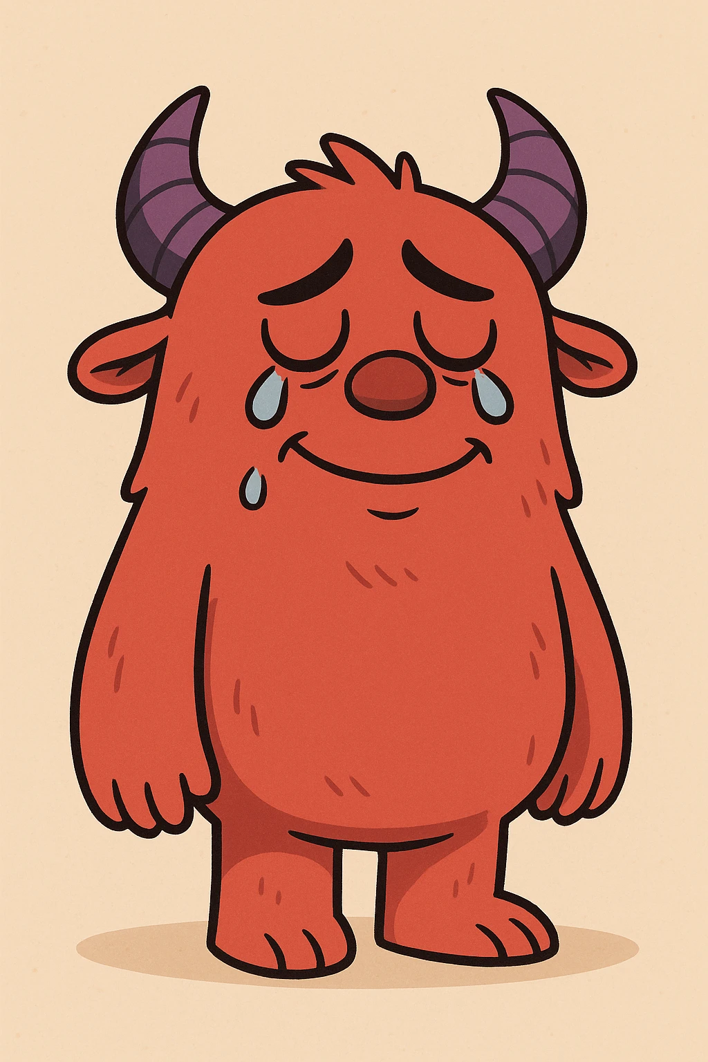 a sad but happy red monster with purple horns, cute cartoon style, flat toon illustration emoji