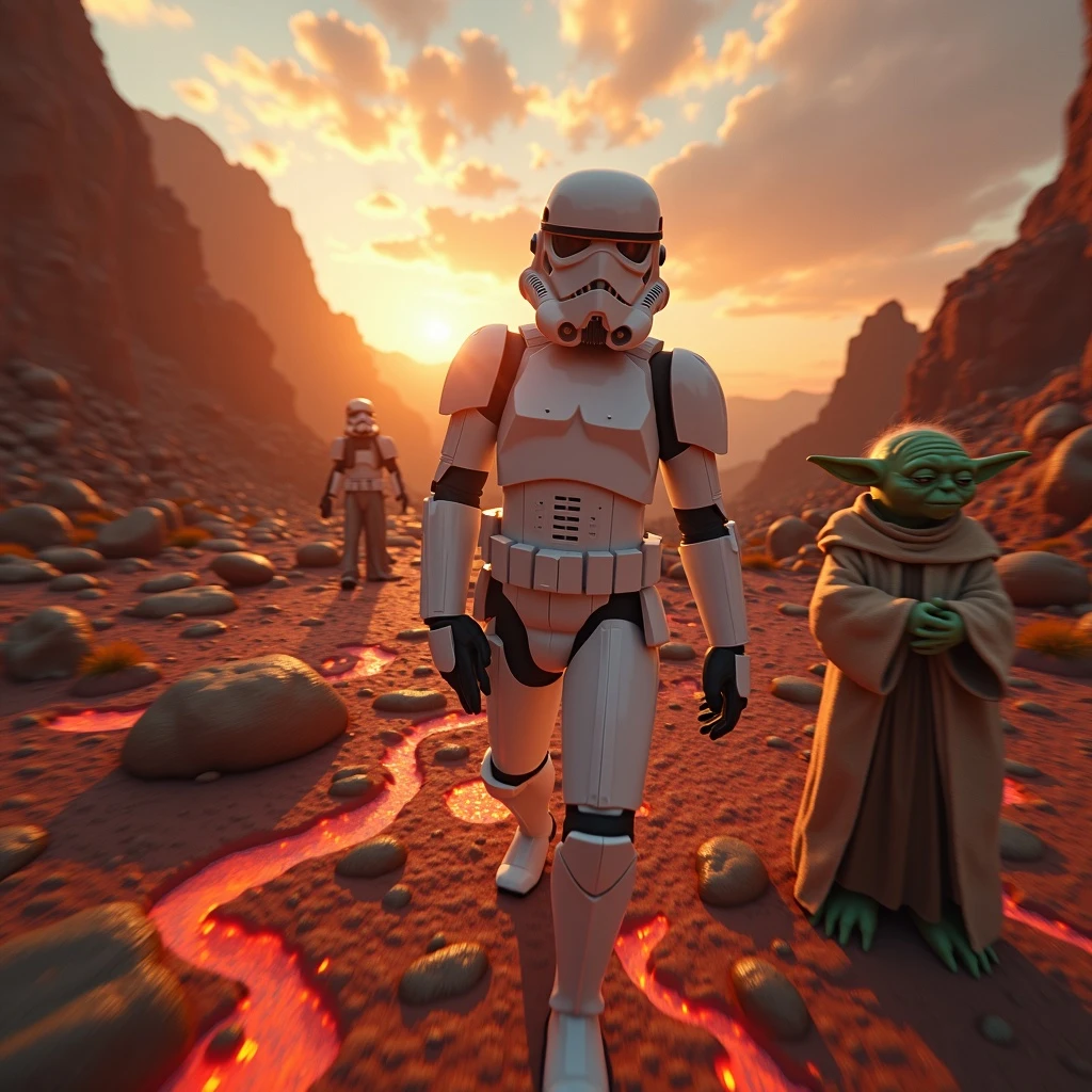 Camera POV, Starwars stormtroopers vlogging selfie, he is walking on lava planet with yoda emoji