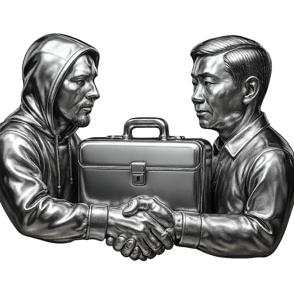 A chrome-hoodie-wearing white man with a goatee shakes hands with a Chinese man, handing over a briefcase of cash, AMG car in the background. emoji