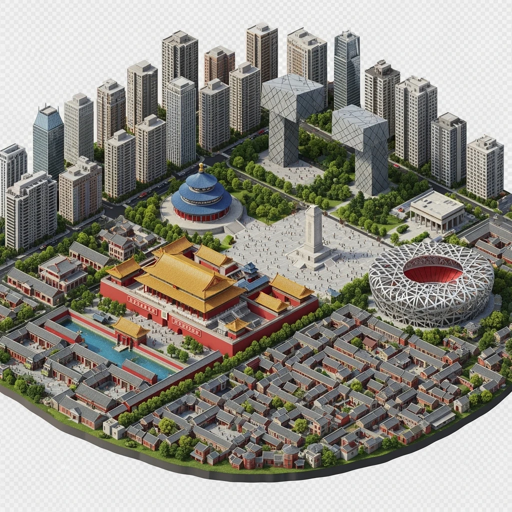 Isometric miniature of Beijing Forbidden City, Tiananmen Square, CCTV Headquarters, Temple of Heaven, Bird’s Nest Stadium and crowded hutong alleys, sprawling apartment blocks, 3D miniature effect and Tilt Shift effect, no cartoonish look, transparent background. emoji