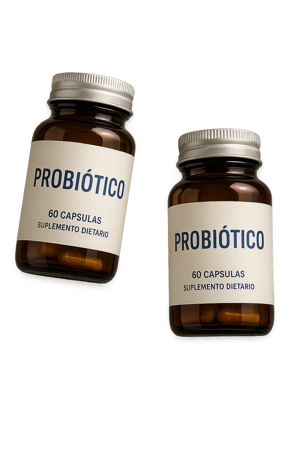 due boccette di integratori con la scritta "PROBIOTICO" SULL'ETICHETTA, FLUTTUANO IN ARIA, realistica 4k emoji