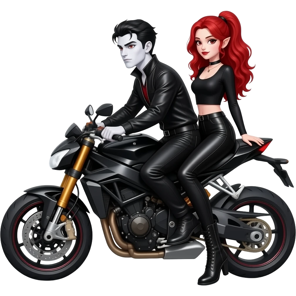 Vampiro ADOLESCENTE maschio con la pelle bianca che và in moto insieme alla sua ragazza Vampiro femmina ADOLESCENTE con pelle bianca e capelli rosso ondulati lunghi raccolti in una mezza coda che indossa dei pantaloni di pelle neri un top con maniche lunghe nero e degli stivali lunghi neri emoji