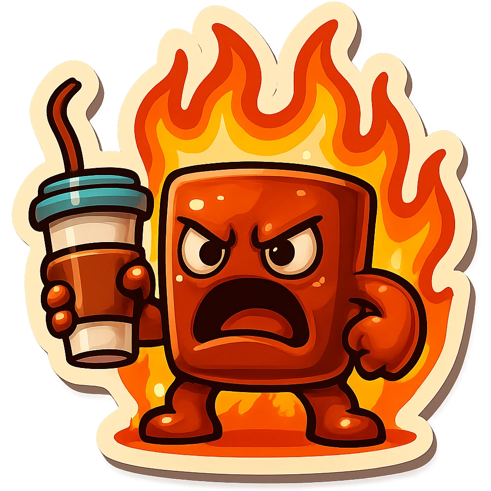 coffee creature, angry and on fire emoji