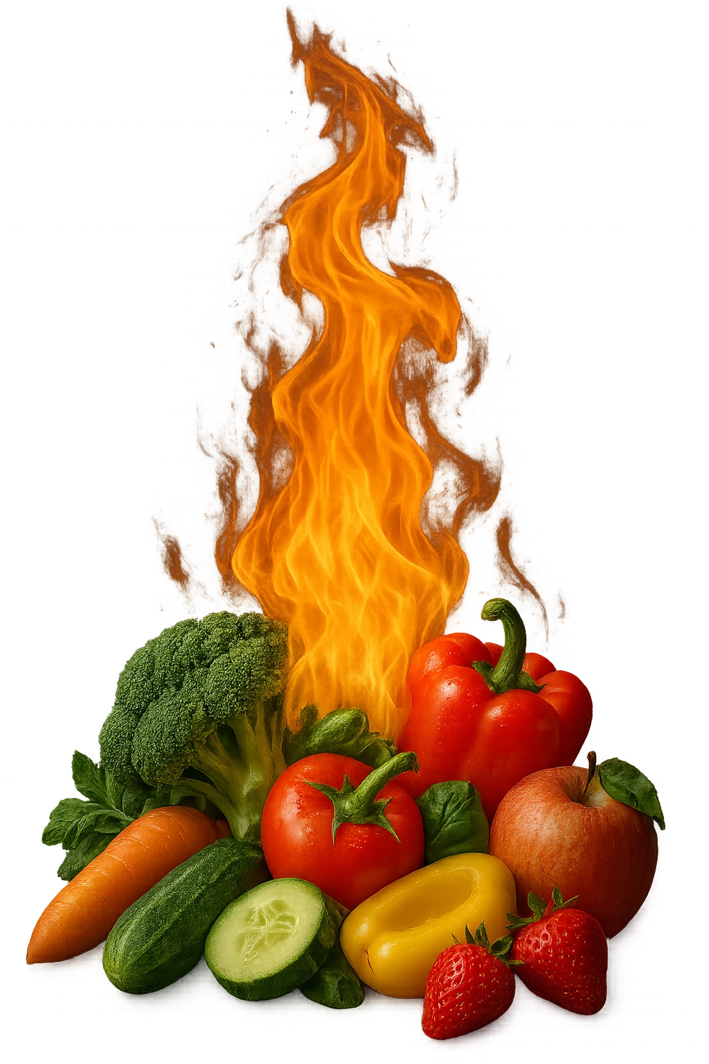 fiamma su cibo sano, metabolismo iperrealistico emoji