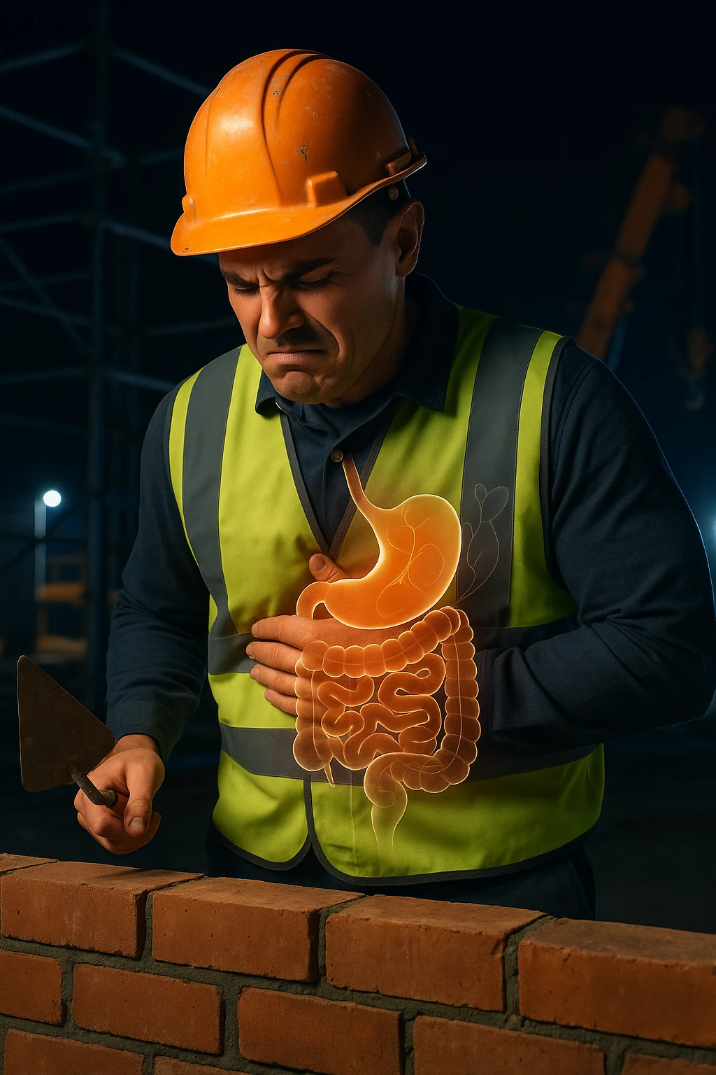 a construction worker in a reflective vest and hard hat is laying bricks at a nighttime construction site, illuminated by strong work lights. He pauses, one hand on his abdomen with a pained or uncomfortable expression, while the other holds a trowel. In the background, scaffolding and machinery are visible under the night sky. Subtle icons or overlays highlight digestive organs, suggesting the need for intestinal balance. emoji