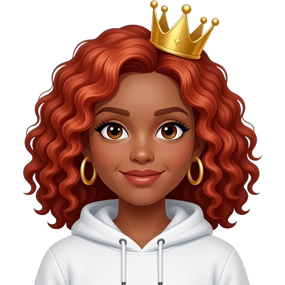 Slim girl with a fine face, dark chocolate-colored and tanned skin, medium-length curly tomato-red hair, dark eyes, medium-thick eyelashes, and a crown and hoop earrings wearing a white hooded sweatshirt. emoji