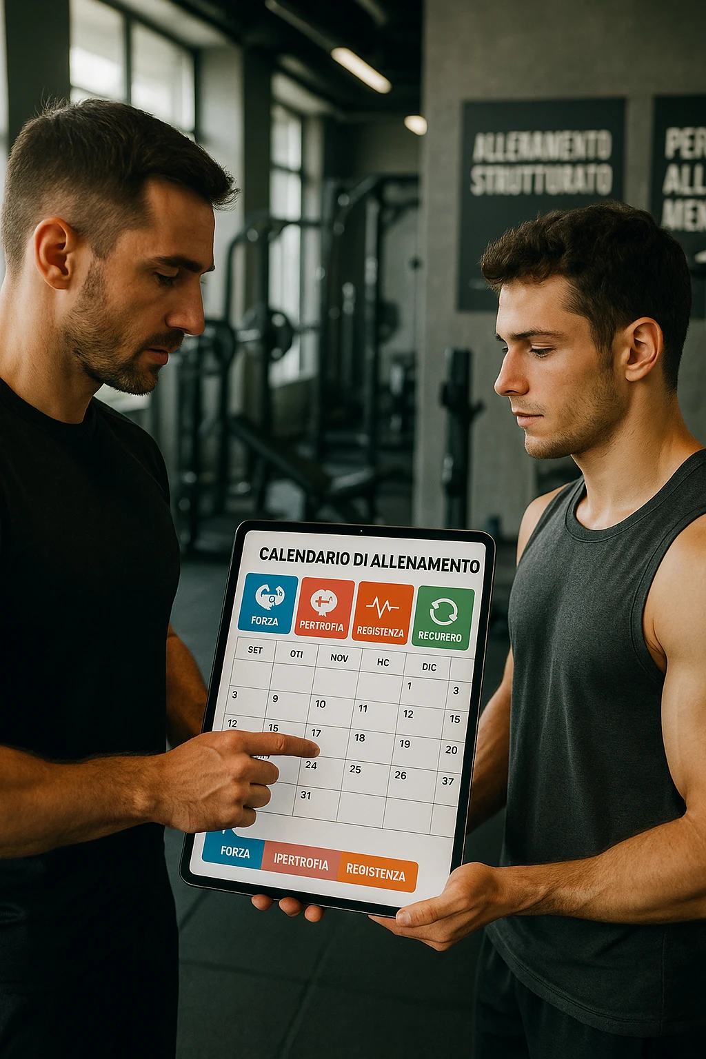 realistic cinematic photo a personal trainer and a client stand in a modern gym, reviewing a large, color-coded training calendario or chart on a tablet. The calendario shows different phases (Forza, Ipertrofia, Resistenza, Recupero) with icons and dates. Around them, gym equipment and motivational posters reinforce the idea of structured, periodized training. in italiano emoji