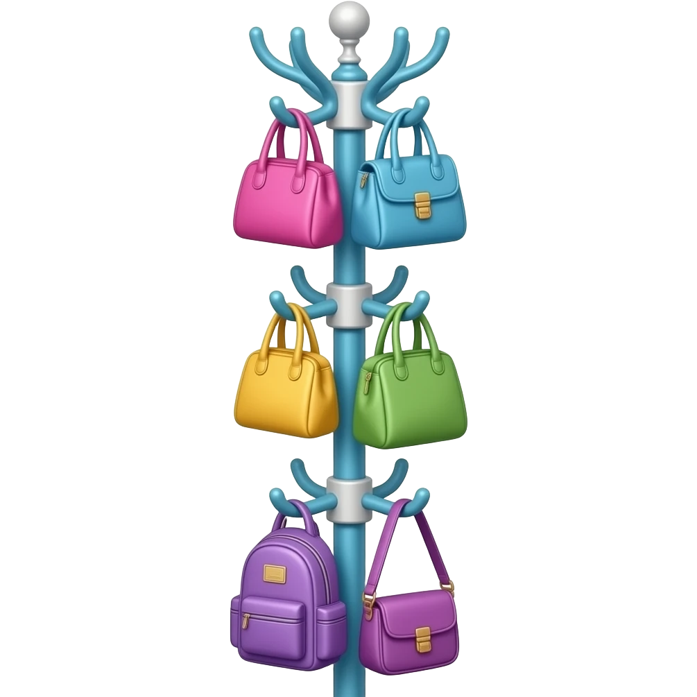 pink, blue, yellow, green, purple bag and blue vertical standing coat hanger pole with multiple hooks , each level holding different bags such as handbags, backpacks, tote bags, and crossbody bags, inspired by Barbie colour palette emoji