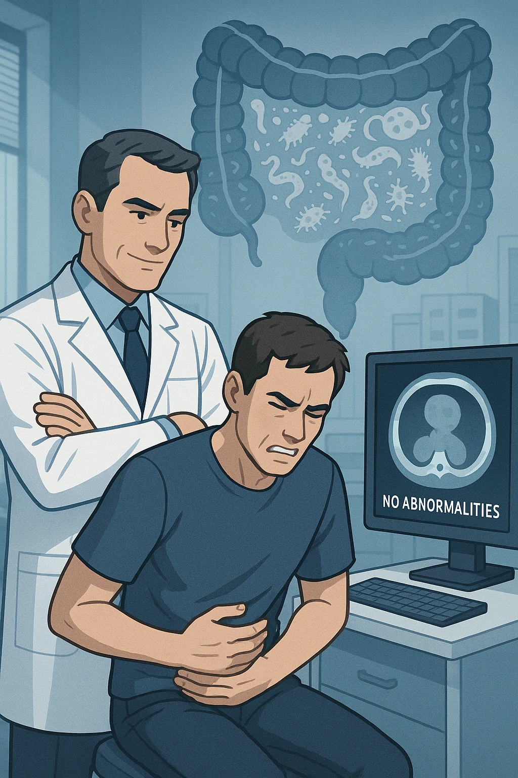 Medico in camice bianco in uno studio moderno, mentre osserva una TAC o ecografia su uno schermo con espressione convinta. Accanto a lui, un paziente seduto che lamenta dolori intestinali. Sullo sfondo, un’immagine traslucida dell’intestino pieno di piccoli parassiti stilizzati (vermi, protozoi), non visibili nel monitor medico. Il monitor mostra 'nessuna anomalia', ma dietro c’è la realtà invisibile. Atmosfera clinica ma con contrasto simbolico tra 'ciò che si vede' e 'ciò che sfugge'. Colori freddi, luce ospedaliera emoji
