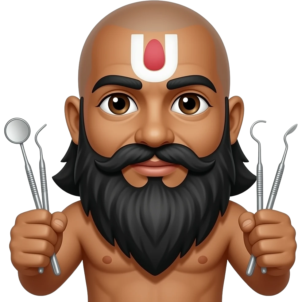 Maharaha face holding dentist instruments, white and black beard, bald, light brown skin emoji