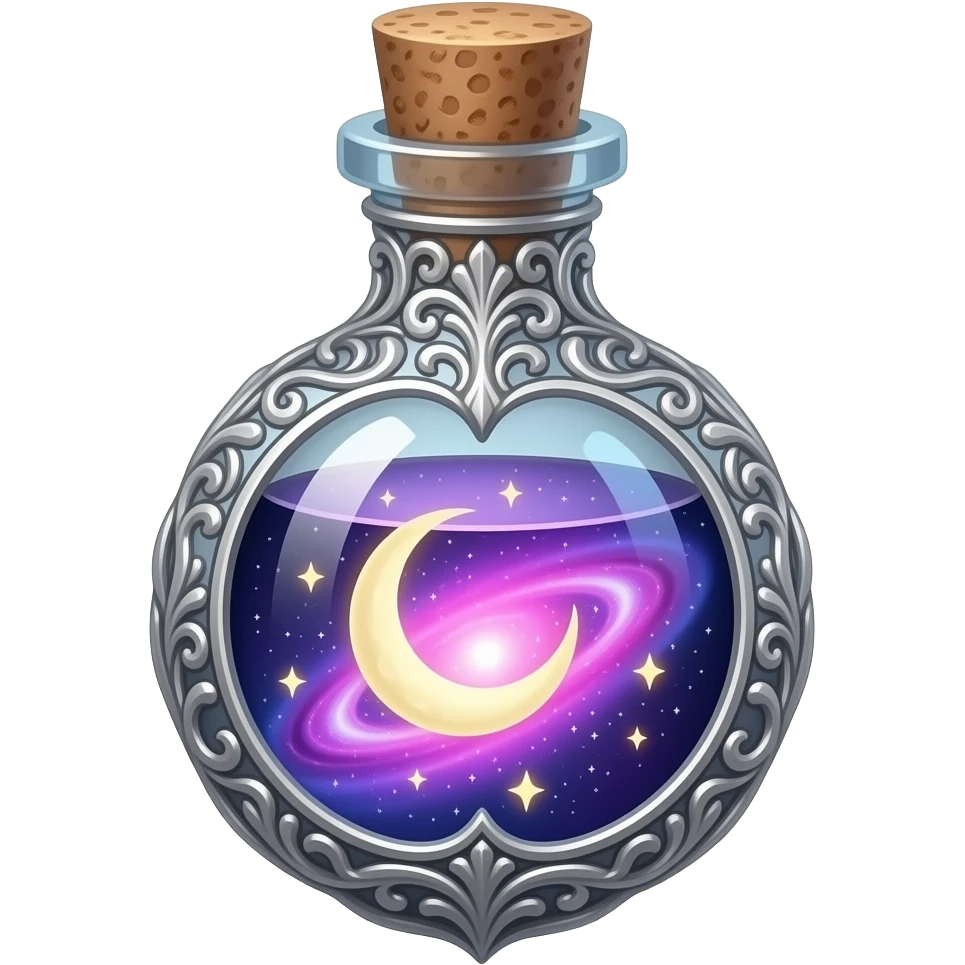 ornate glass vial with silver metallic filigree, swirling cosmic nebula inside, glowing purple‑pink‑blue light, crescent moon and tiny stars suspended in liquid, ethereal magical atmosphere emoji