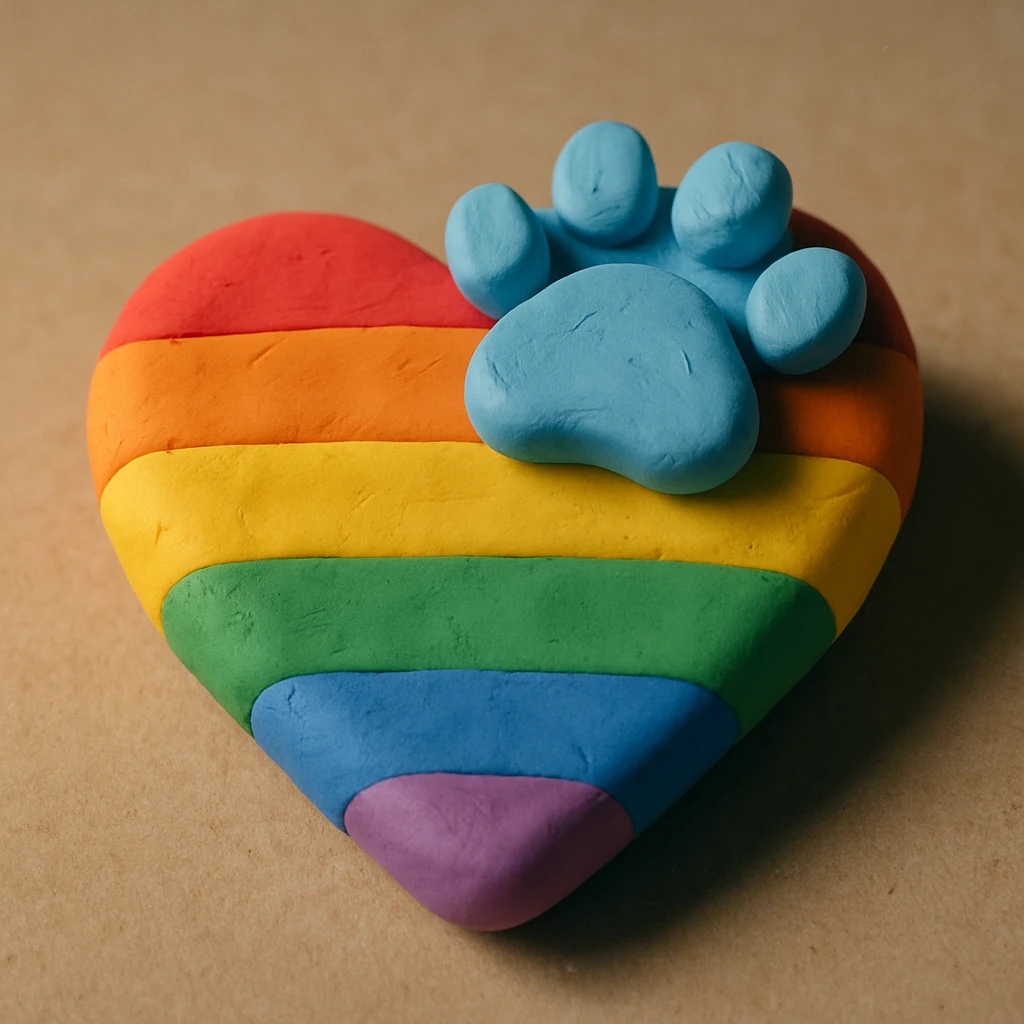 rainbow pride heart with a paw print on top, claymation style, no text emoji