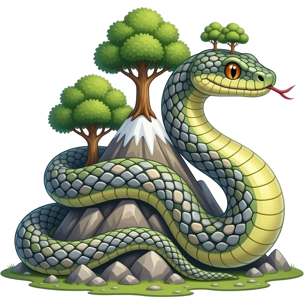 A giant snake with trees on its back and with stone on it and also rocks wrapping around a mountain emoji