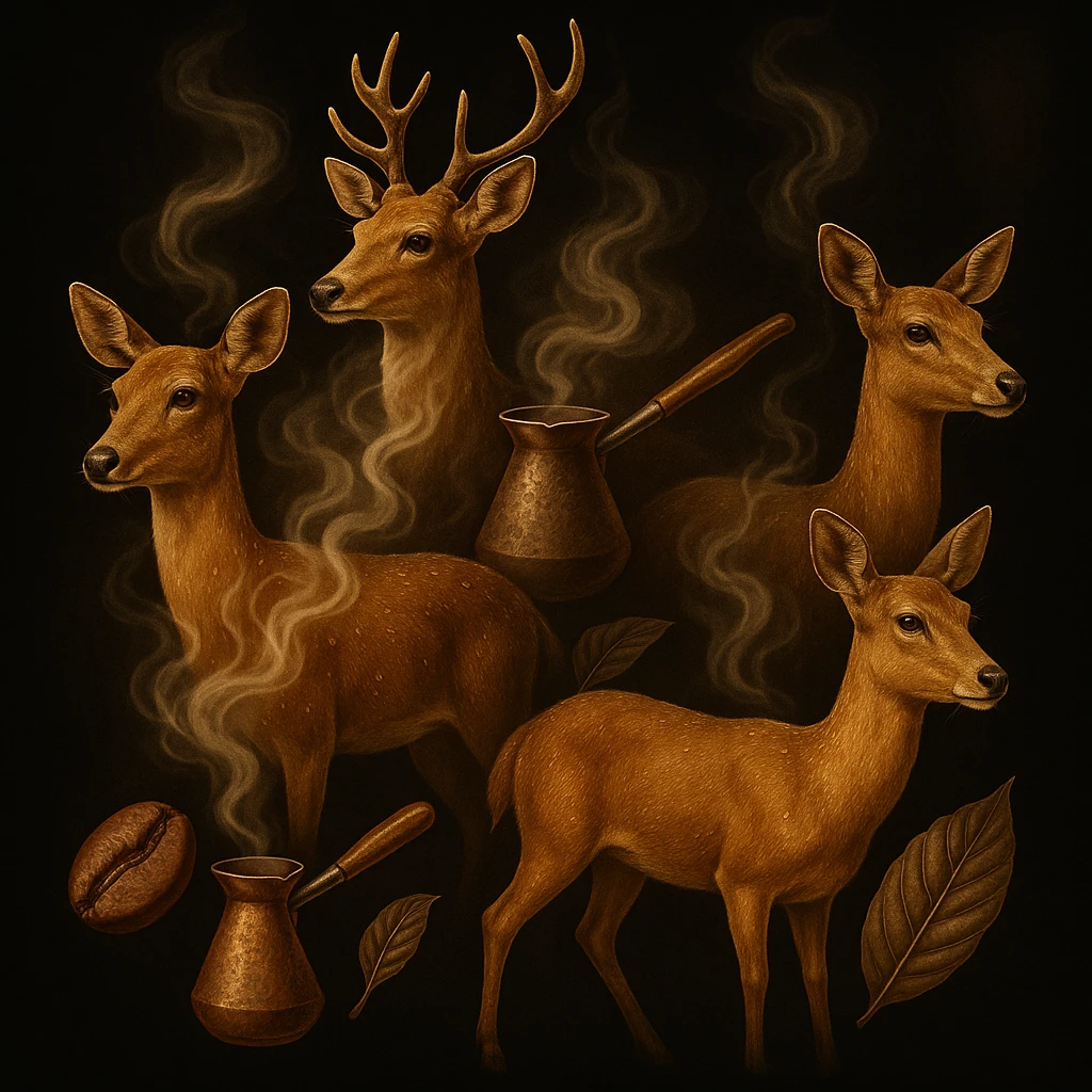 Four golden-brown deer, highly realistic, with fine water droplets on their fur. Each deer emits a light coffee aroma, visually represented by soft, swirling steam like freshly brewed coffee. Subtle coffee heritage elements such as Ethiopian coffee bean, Turkish cezve, and coffee tree leaf are tastefully integrated. Black background with a soft golden glow in the corners or around the deer, transparent edges, logo-level resolution. emoji