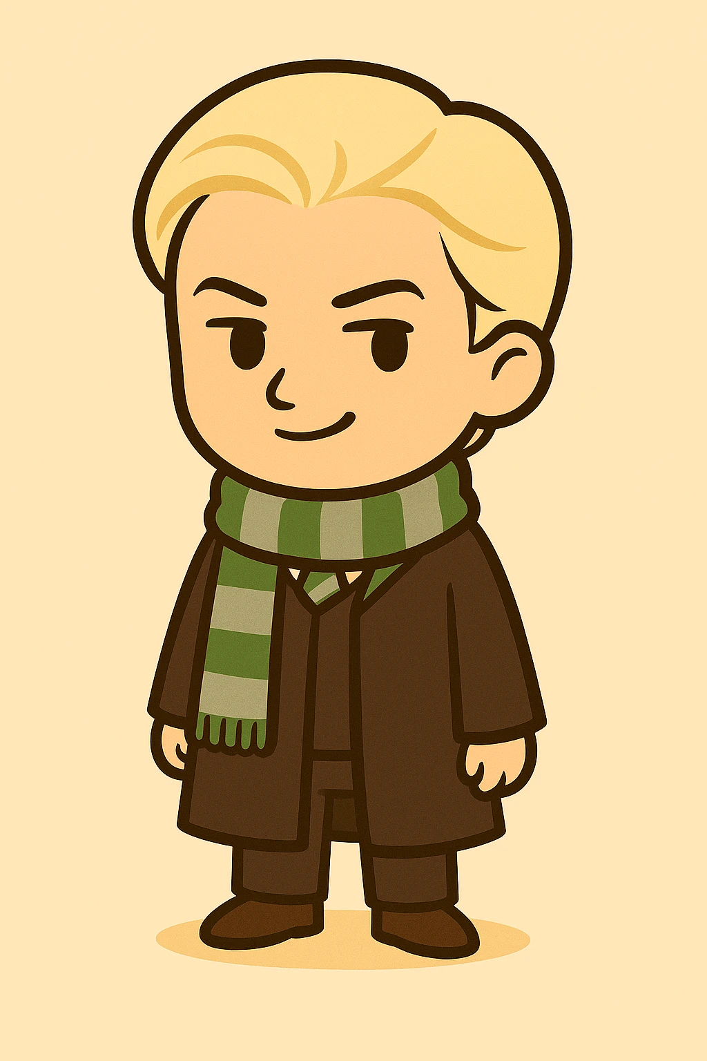 Full body illustration of Draco Malfoy in a cute, cartoon, and simplified style similar to the provided examples. He has light blonde hair, a slightly arrogant expression, wearing a Hogwarts Slytherin robe and a green and silver scarf. The illustration features bold black lines and soft colors. emoji
