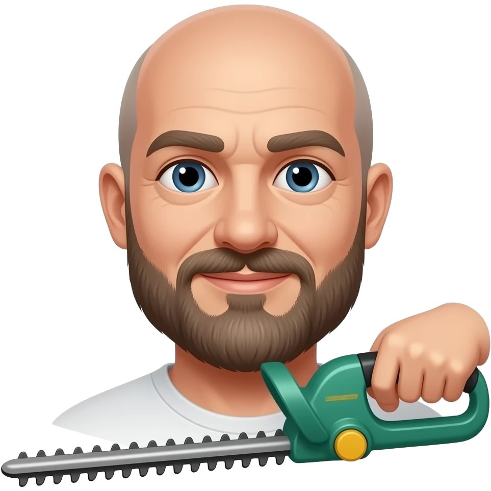 bald man with four inch beard using a line trimmer, weedeater emoji