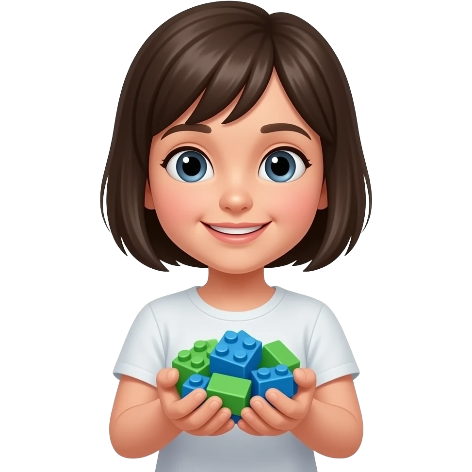 A girl holding small green and blue building blocks emoji