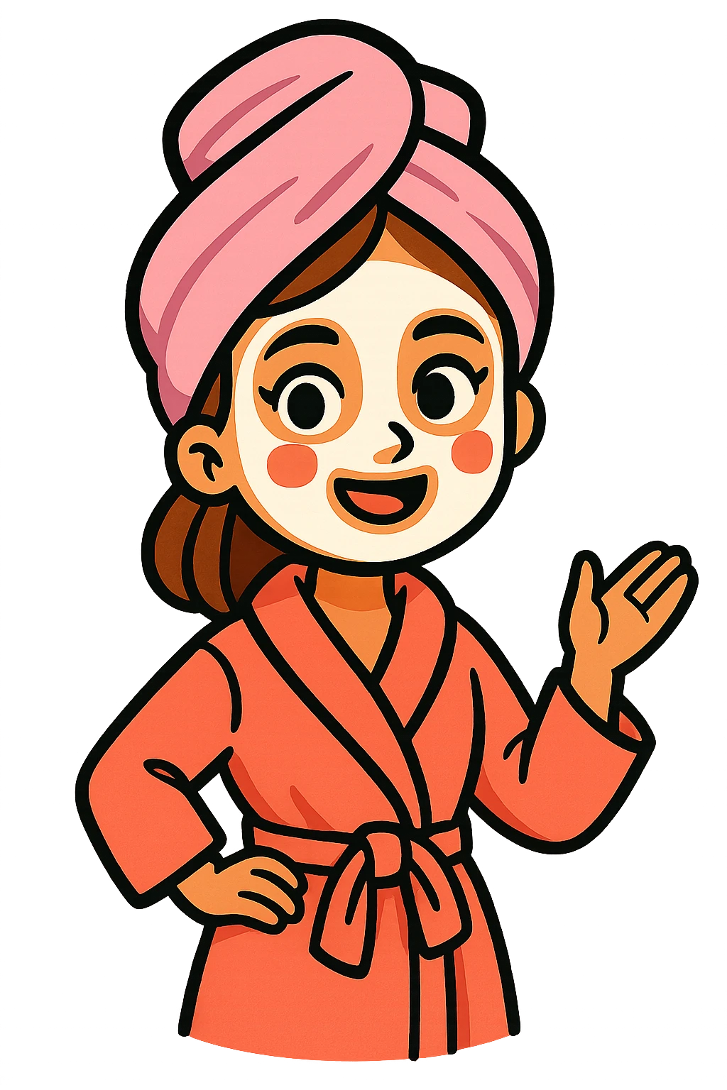 a girl with brown hair, wearing a bathrobe and a pastel pink towel turban, with a white facial mask, vibrant cartoon style emoji