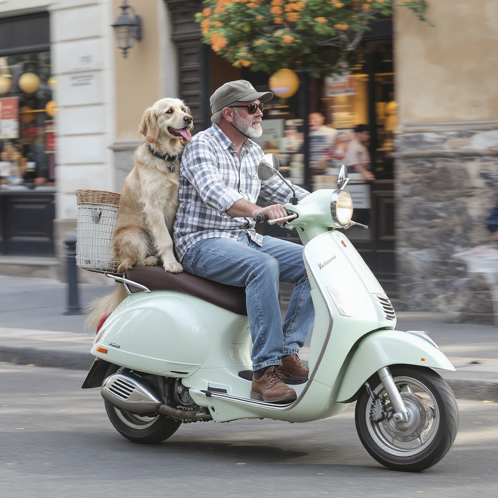 man and his pet dog riding a vespa emoji