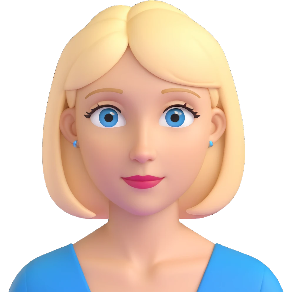 Mrs. Maria, math and artificial intelligence teacher, no glasses, thin nose, blonde eyebrows, blonde bob hair, blue eyes emoji