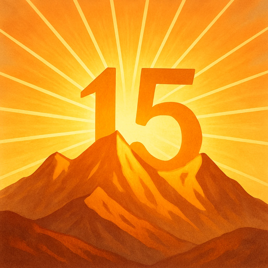 sunshine rising from mountains with the number 15 visually integrated emoji