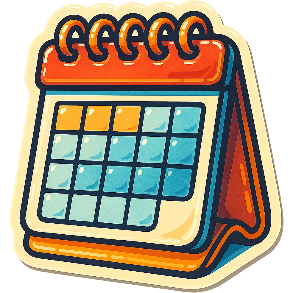 retro sticker-style illustration of a desk calendar with a spiral top, bold outlines, juicy colors, expressive shadows and highlights, playful and glossy look emoji