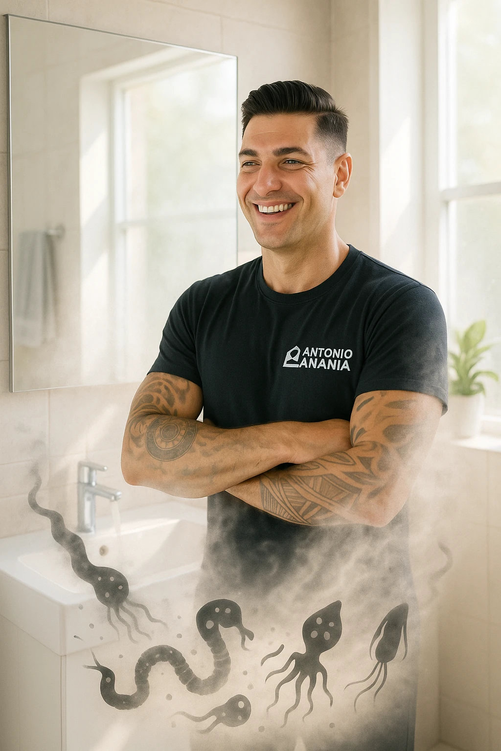 a man stands in a brightly lit bathroom, looking relieved and revitalized as he examines his reflection in the mirror. In the foreground, stylized, shadowy images of parasites (such as worms or protozoa) are shown leaving his body, dissolving into mist or fading away. His posture is upright and his expression is one of newfound energy and health. emoji