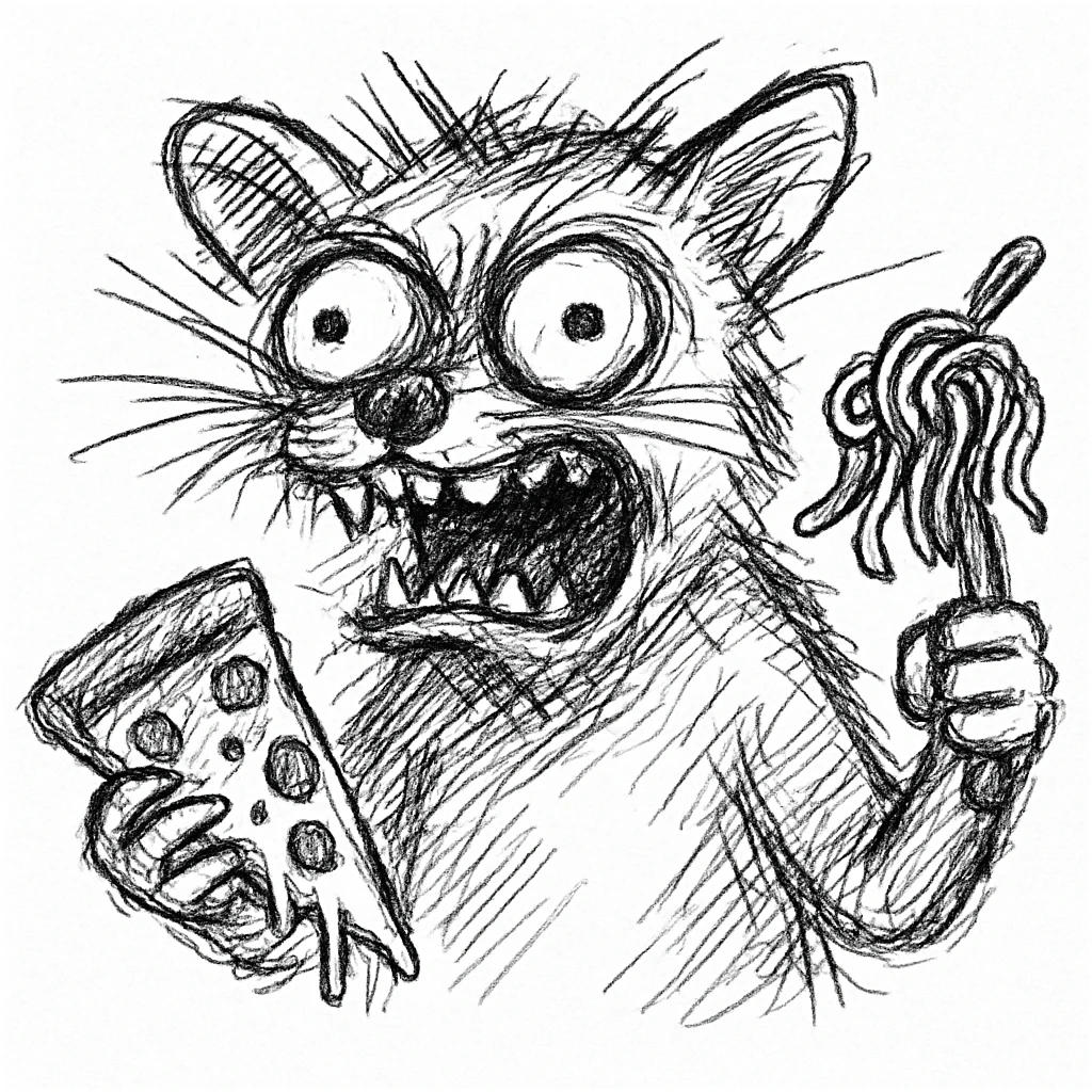 an animal with an Italian brainrot meme vibe, holding pizza or pasta, wild eyes, chaotic energy, cartoon style emoji