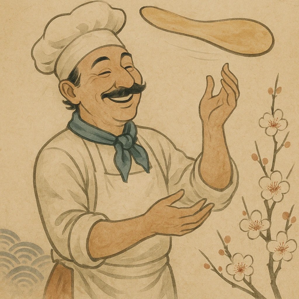 smiling Italian chef spinning pizza dough emoji
